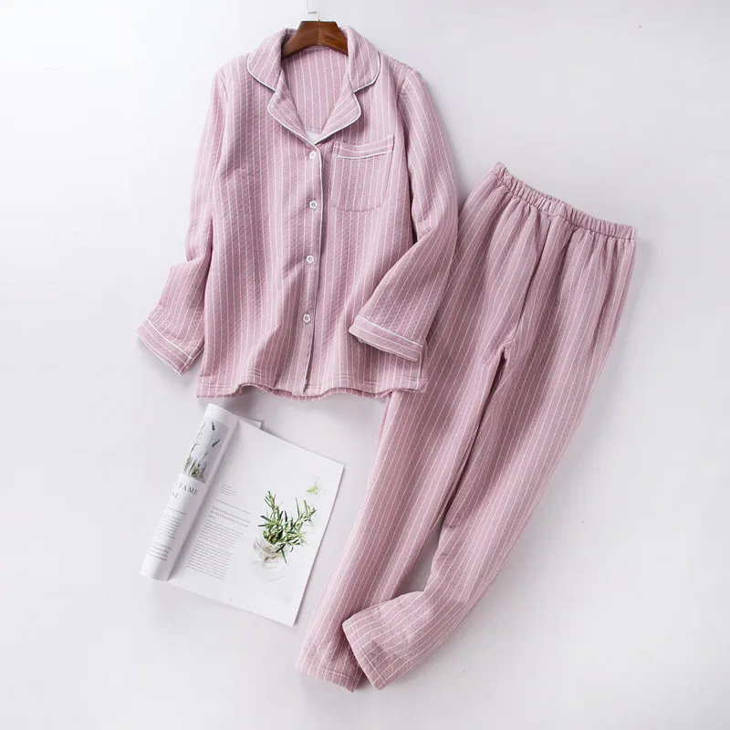 

Soft Cotton Women Pajamas Set Pink Stripe Sleepwear Suit Long Sleeve Pyjamas Women Winter Home Wear Pijama Mujer