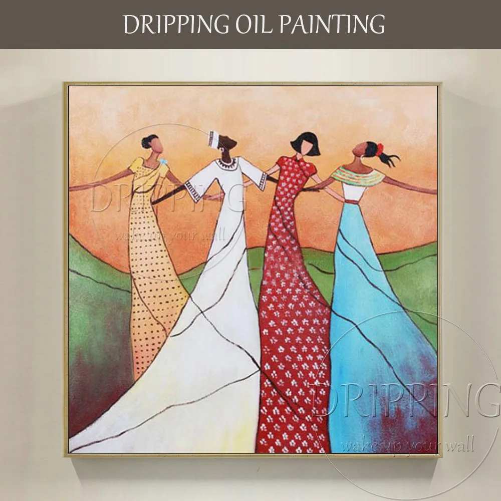 

New Arrived Artist Hand-painted Beautiful Wall Art People of the World Oil Painting on Canvas Four Ladies Dancing Oil Painting