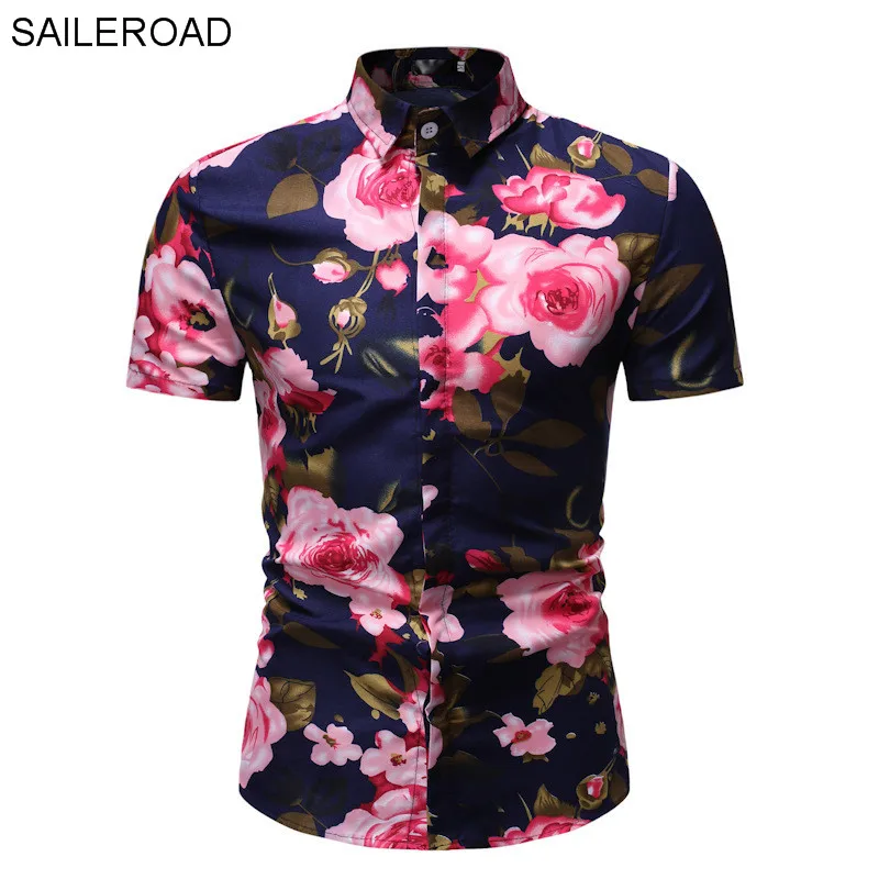 SAILEROAD Camisa Flores Hombre Мужская рубашка рубашки Гавайская Мужская рубашка с цветочным принтом облегающие топы с принтом Camisa Preta - Цвет: HZ34