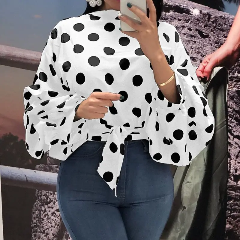 Ceny Letnia biurowa, damska Streewear Plus rozmiar czerwone eleganckie bluzki kobieta 2019 Casual długi rękaw latarnia Polka Dots Fall top damski