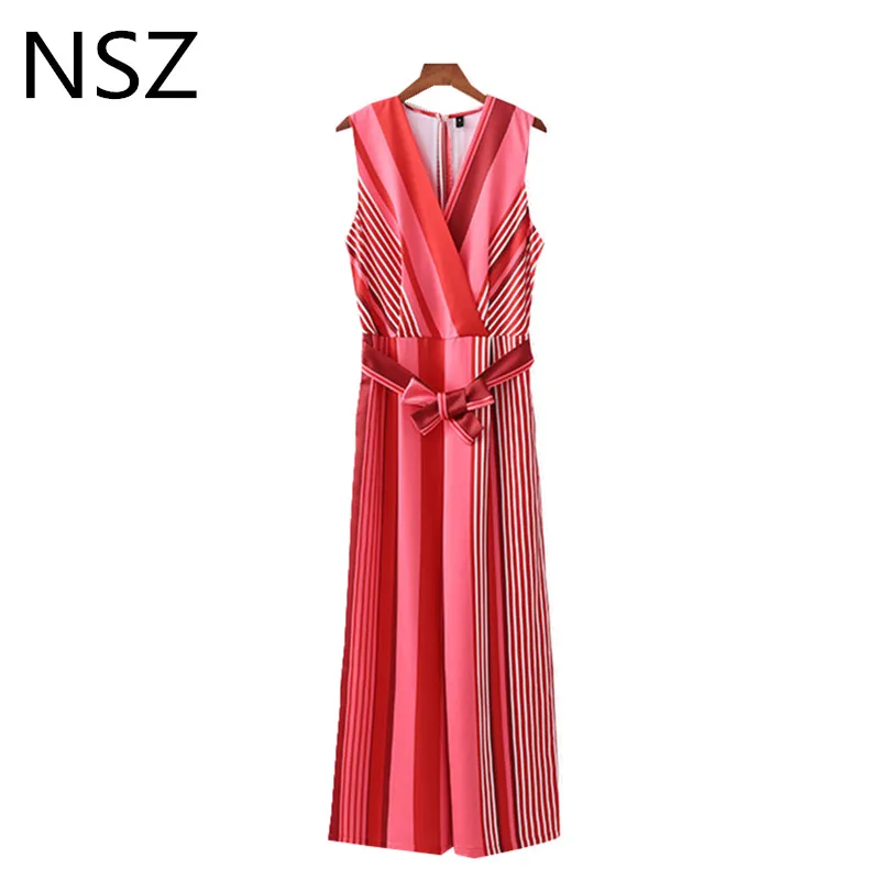 

NSZ Women Red Striped Summer Jumpsuits Sleeveless Cross V Neck Wide Leg Loose Romper With Belt Overalls