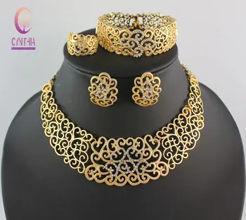 

African Costume Jewelry Sets Gold Crystal Wedding Women Bridal Accessories nigerian Flower Pattern Necklace Set