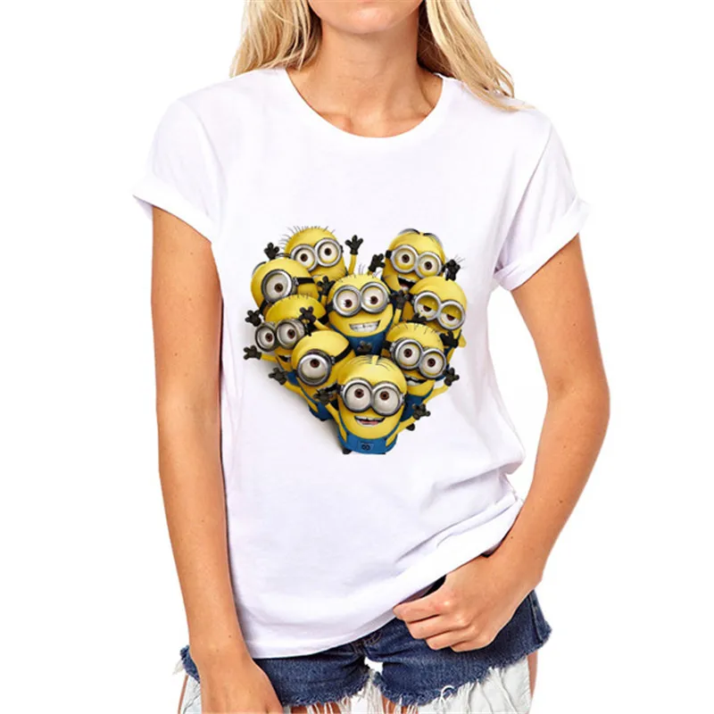 Женские топы, модная футболка Летняя женская Футболка Harajuku Gun, футболка с принтом миньонов Camisetas, свободная футболка с круглым вырезом, N3-4 - Цвет: 15
