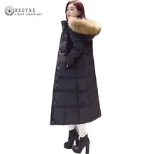 Новое зимнее Свободное длинное пуховое пальто с капюшоном, плюс размер, однотонная куртка-пуховик, гусиная верхняя одежда, украшенная перьями, женская пуховая парка okb167