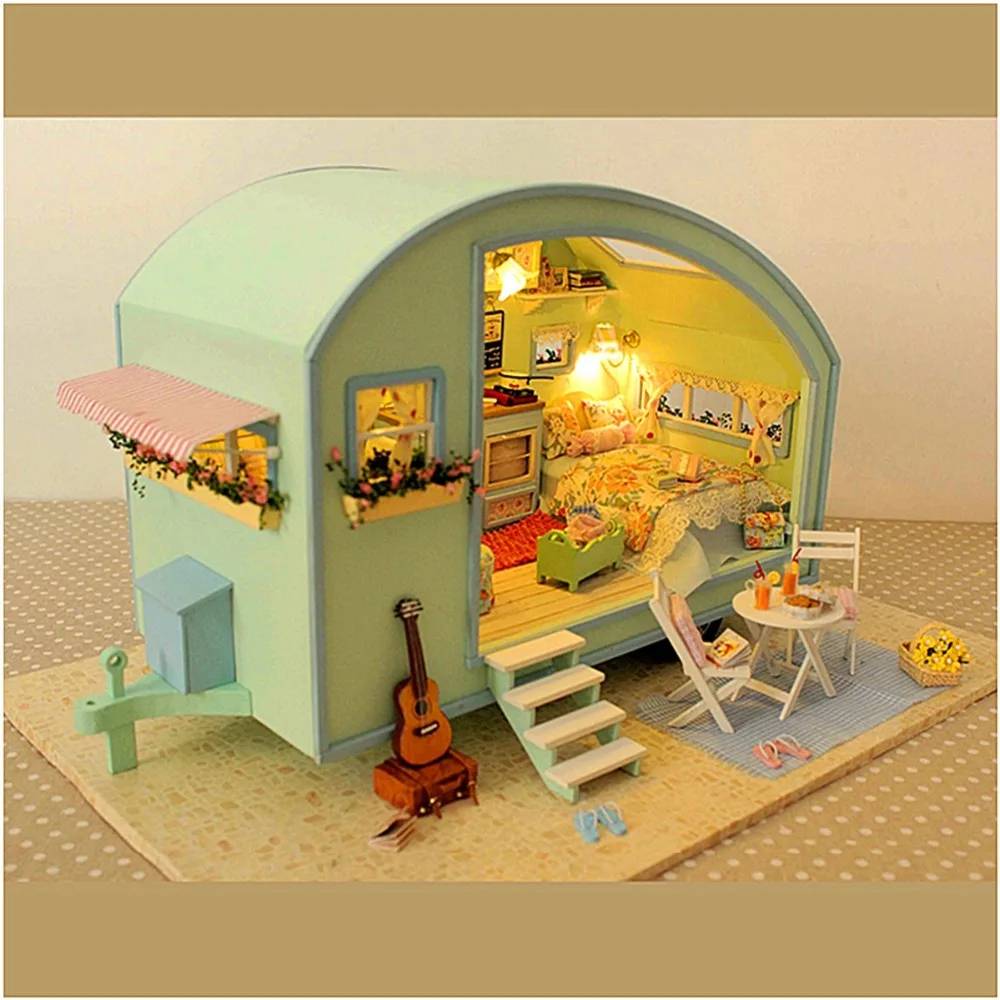 

JIMITU Cuteroom DIY Wooden Dollhouse Miniature Kit Doll house LED+Music+Voice Control Handmade Kits Travel Caravan For Girls