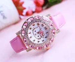 Мультфильм модный бренд рисунок «Hello Kitty» кварцевые часы для девочек Для женщин кожа кристалл наручные часы детские наручные часы relogio