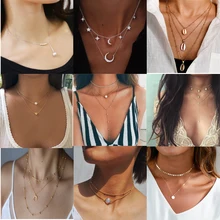 2019 Nova Moda da Cor do Ouro Multilayer Borlas Moeda Bar Shell Lua Colares Contas Pingentes Gargantilha Colares Para As Mulheres Bijoux(China)