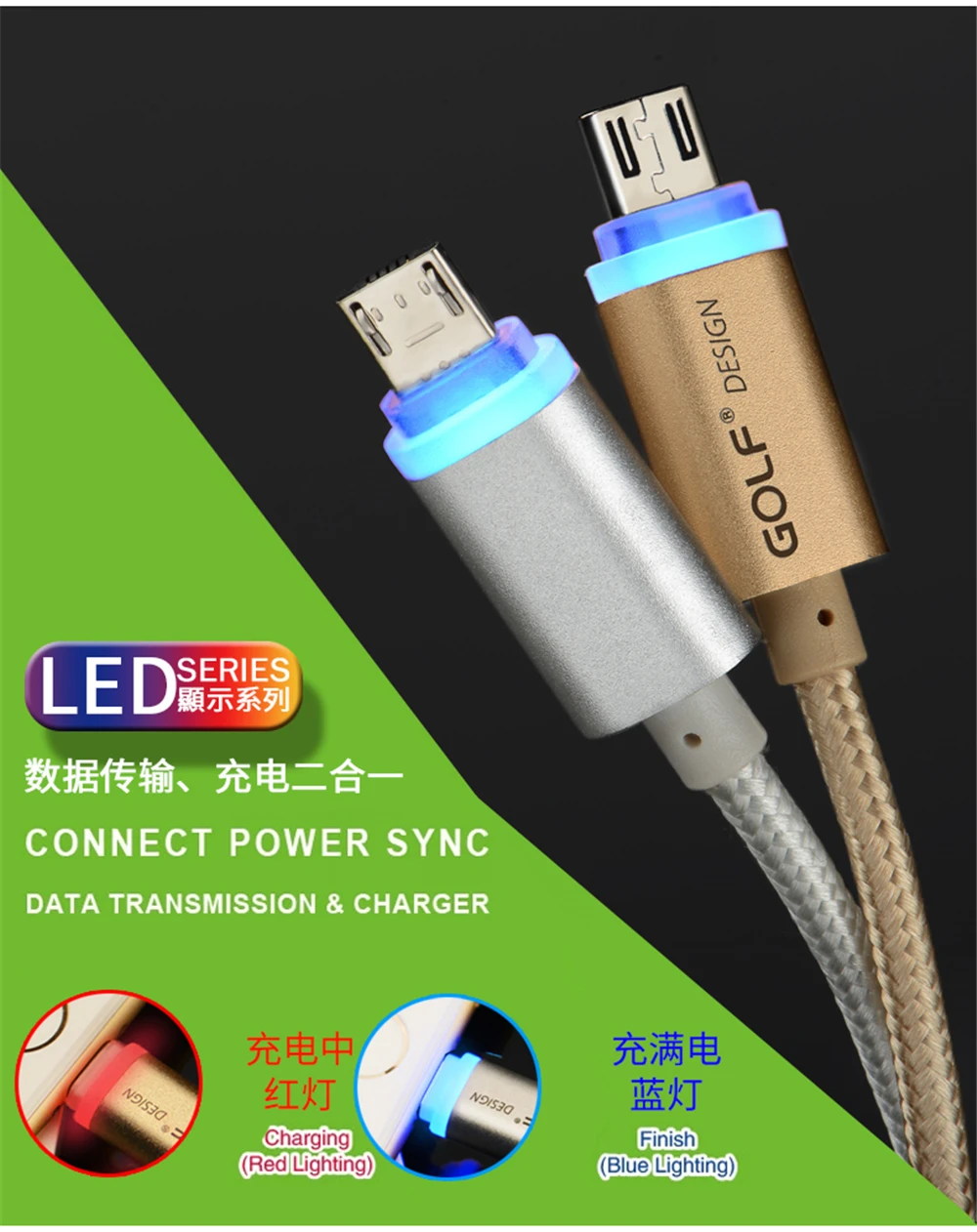 Golf 1 м металлический Плетеный умный светодиодный Micro USB кабель для синхронизации данных и быстрой зарядки для samsung S4 S6 S7 LG G3 G4 V10 Android кабели для зарядки
