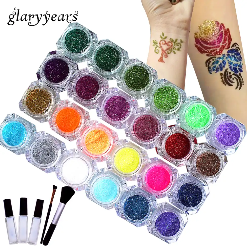 Kit De Tatuaje En Polvo De 24 Colores Pintura De Diamante Temporal Para Belleza Arte Corporal Plantilla De Henna Cepillo Y Pegamento Aliexpress