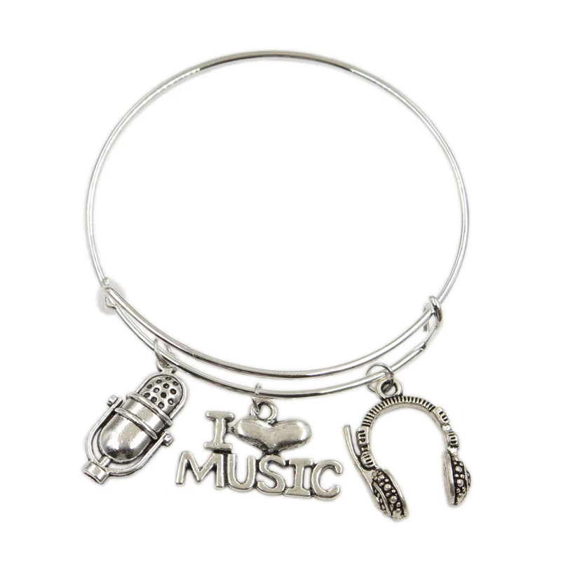 Dropshipping Microphone I Love Music Headset Silver Color Bead Bangles Fashion Jewelry Gift | Украшения и аксессуары