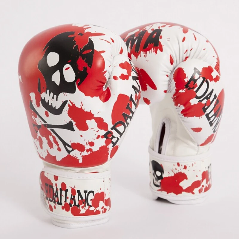 Image New Style Red White 10oz Skull Taekwondo Kungfu muay thai Mitts Male Female WTF MMA Training Sanda Boxing Gloves Wushu Luvas Box