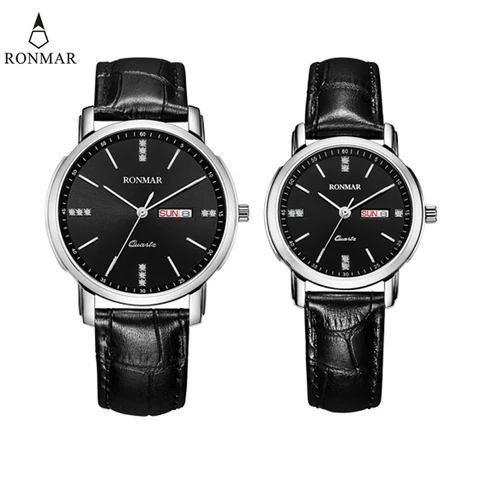 Rosa de Ouro Pulseira de Couro Relógio de Luxo de Quartzo dos Homens para Mulheres Casal Assista Preto Sliver Relógio Calendário Relógios 2020 Ronmar Rm8008qlp