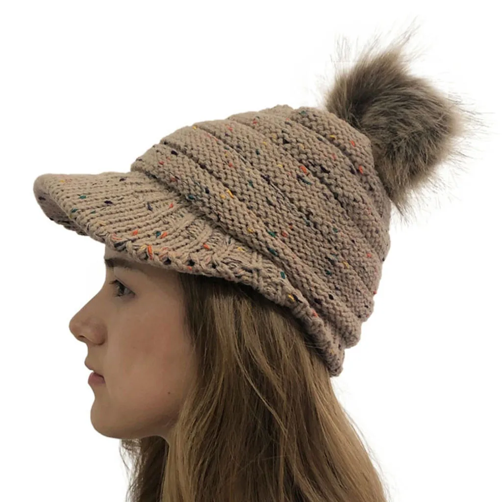 Зимняя вязаная шапка для женщин, однотонная вязаная шапка с помпоном ...