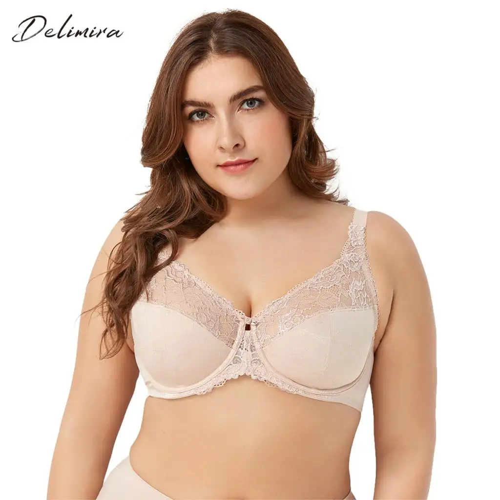 

DELIMIRA Women's Full Figure Beauty Lace Non Padded Underwire Minimizer Bra Plus Size C D DD E F G H