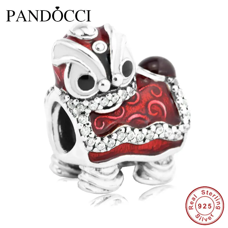 

Beads Fits Pandora Bracelets 100% 925 Sterling Silver Jewelry Red Chinese Lion Dance Original Fashion Charms PANDOCCI
