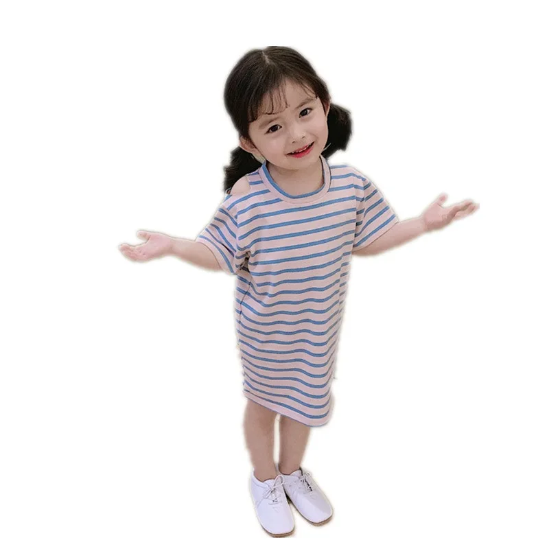 2019 летнее Хлопковое платье в полоску с короткими рукавами для девочек Одежда для маленьких девочек платье принцессы с открытыми плечами От