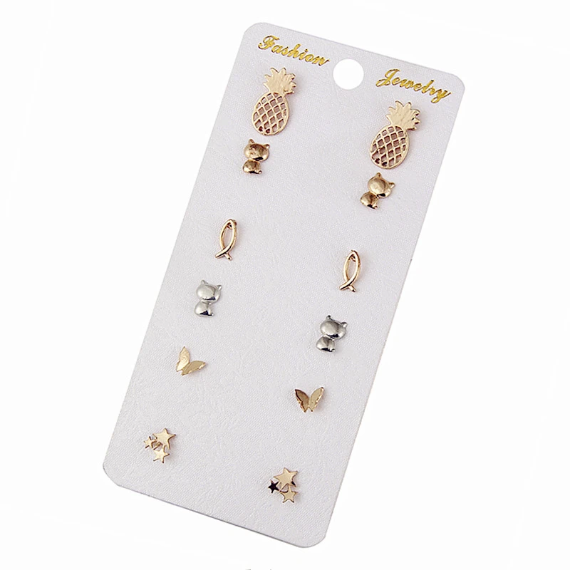 

E0203 Fashion Jewelry Cute Earring Sets Gold Color Pineapple Cat Star Butterfly Stud Earring For Women Wholesale Birthday Gift