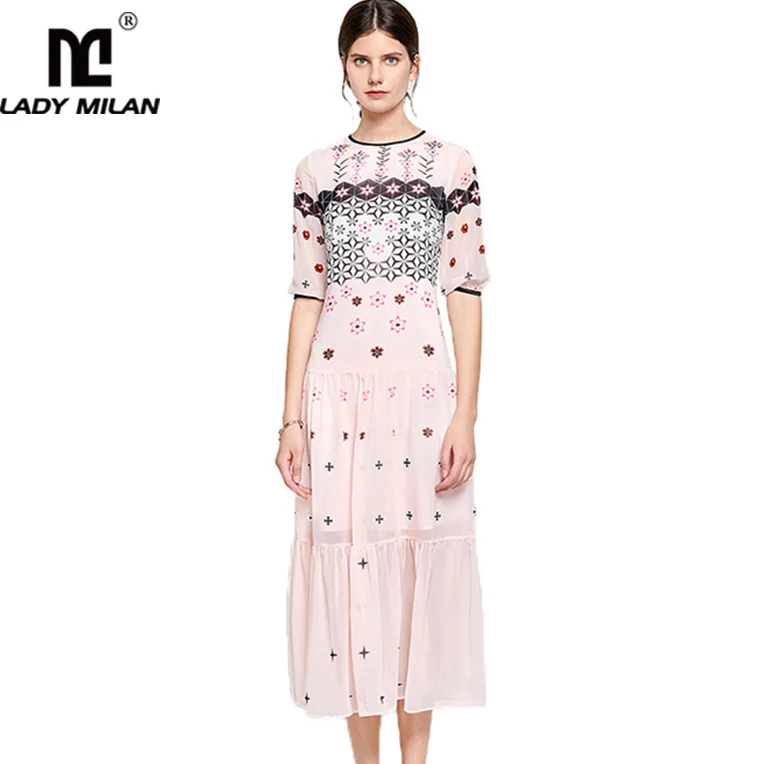 

Women's Runway Dresses O Neck 3/4 Sleeves Floral Printed Ruffles Fashion Mid Calf Casual Dresses