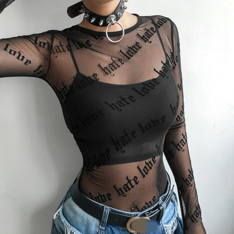 Sexy Gothic Punk Women Mesh Lace T-Shirts See-through Perspective Letter Print Long Sleeve Stretch Tops