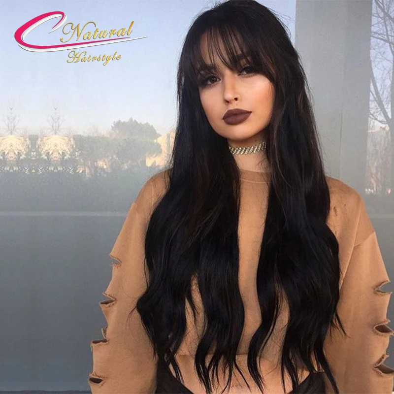 Natural Straight Human Hair With Fringe Bangs Full Lace Wigs
