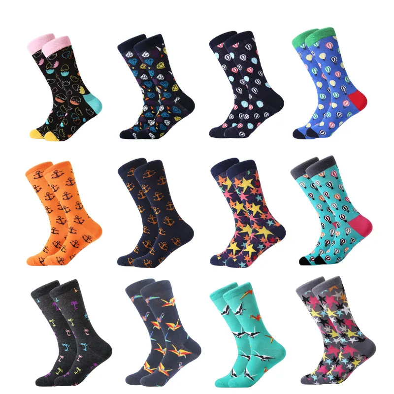 LETSBUY/1 пара, хлопковые мужские носки, Harajuku, цветные, Веселый день, медведь, рыба, длинные, теплые, нарядные носки для мужчин, для свадьбы, Рождества