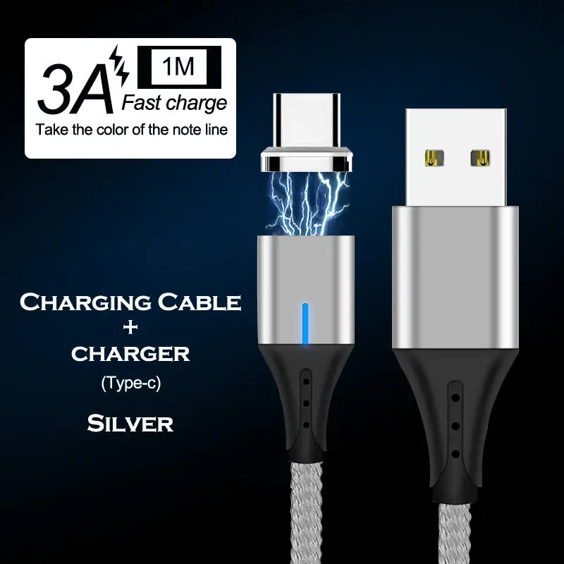 Магнитный usb-кабель для передачи данных 3 a, 1 м, 2 м, для iPhone X, XS, XS, MAX, светодиодный, mi, cro, USB, быстрое зарядное устройство, type-C, кабель для huawei, samsung Xiaomi mi 9 - Цвет: Silver For Type C