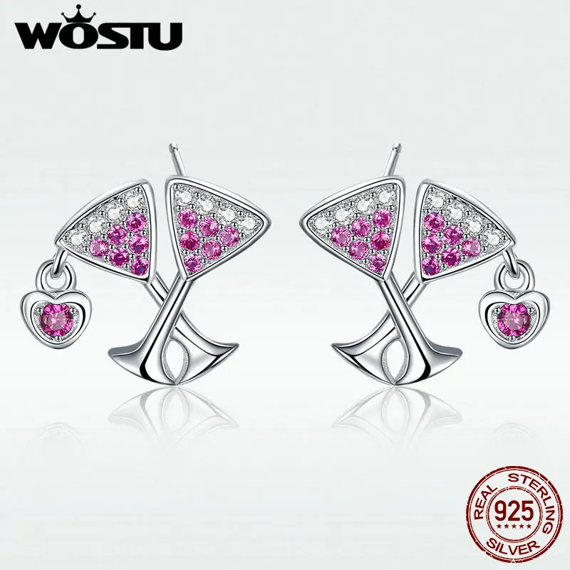 

WOSTU 100% 925 Sterling Silver Wedlock Wine Cup Drop Earrings Clear Zircon Heart BNngle Earrings For Women Silver Jewelry BKE571