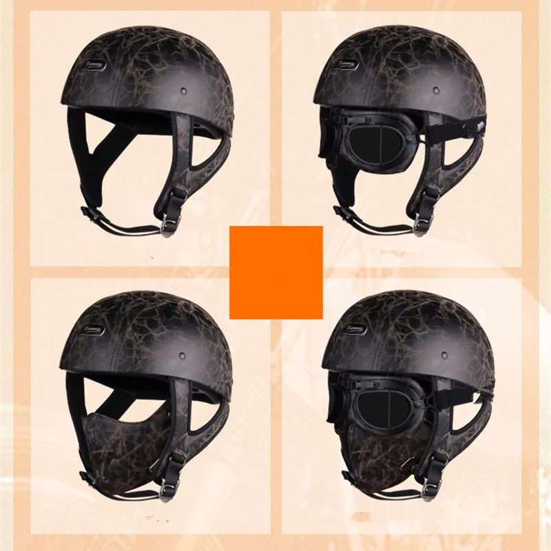 Мотоциклетный шлем мотоциклетный самокат с открытым лицом Половина кожаный шлем Ретро винтажный Стиль шлем для мотокросса с шейным платком