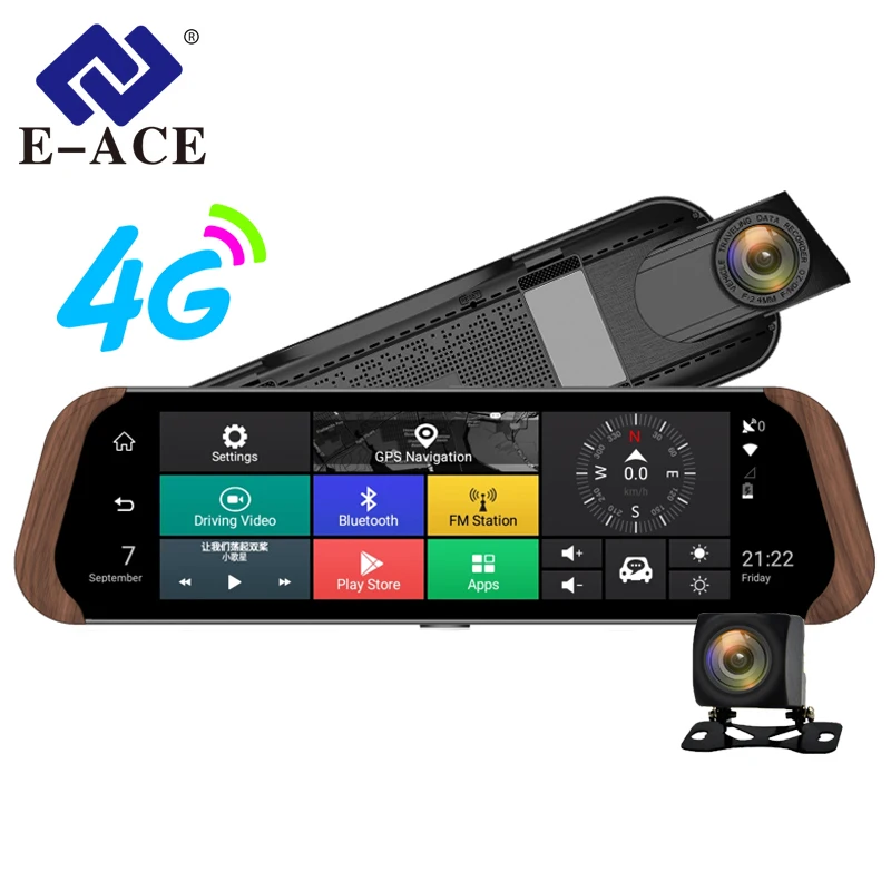 

E-ACE Car DVR Camera 4G Android 10" IPS Stream RearView Mirror Full HD 1080P Dash Cam ADAS Auto Registrar GPS Video Recorder