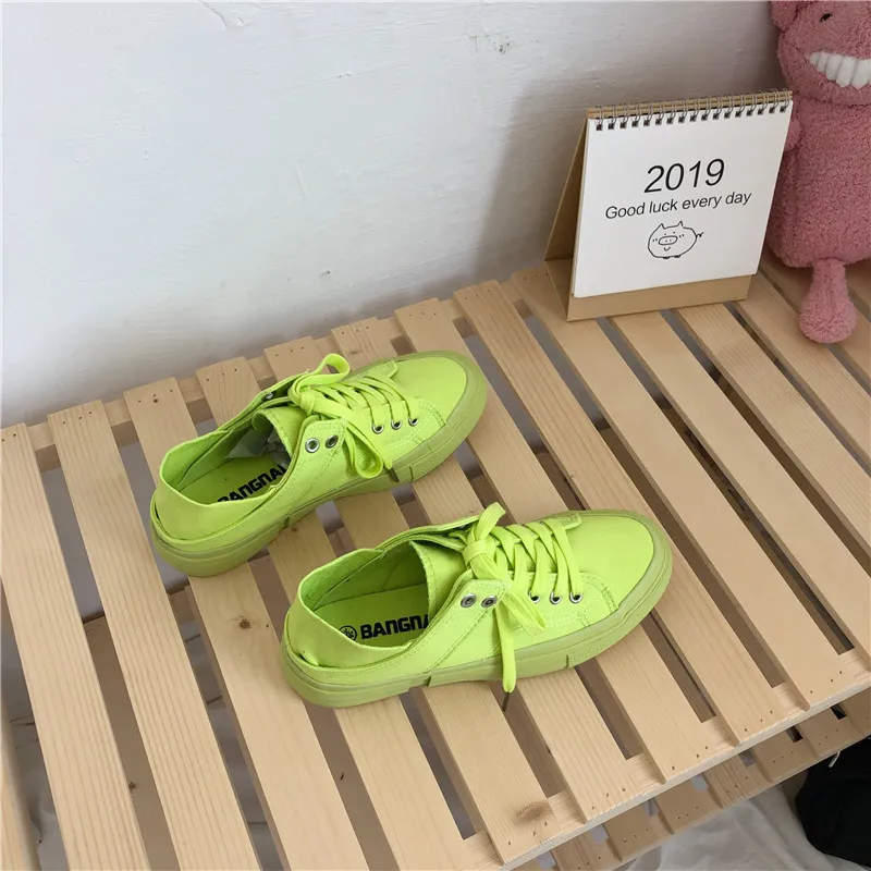 women canvas shoes fluorescent green girls pink sneakers cloth shoe spring autumn solid color lace up low up white trainer 35-40