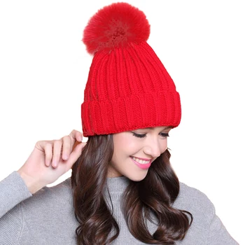 

15PCS / LOT SINGYOU New Winter Hat for Women Solid Color Fox Fur Ball Knitted Hats Casual Warm Beanie Ski Cap Gorros