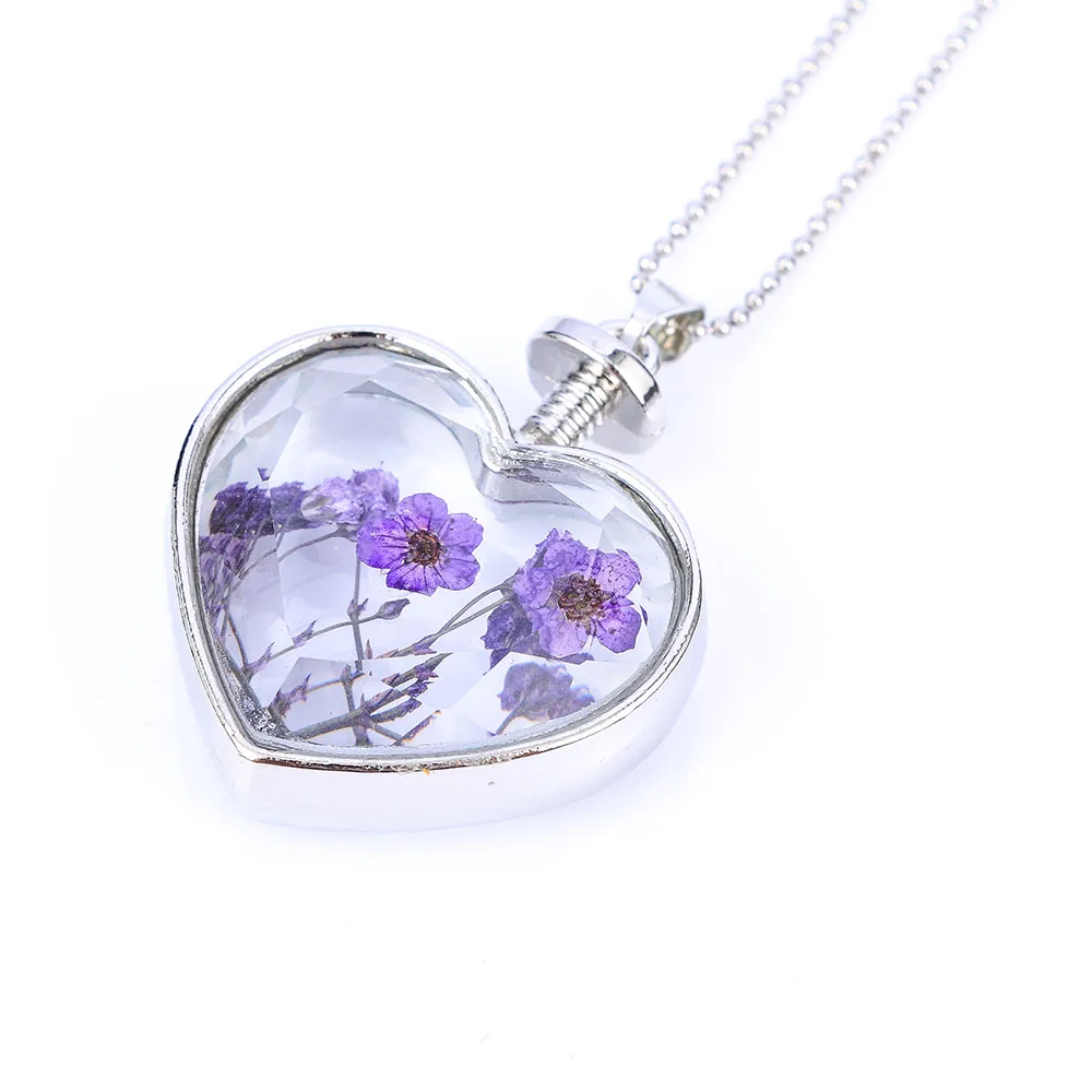 New Fashion Beautiful Purple Dry Flower Heart Glass Pendant Necklaces