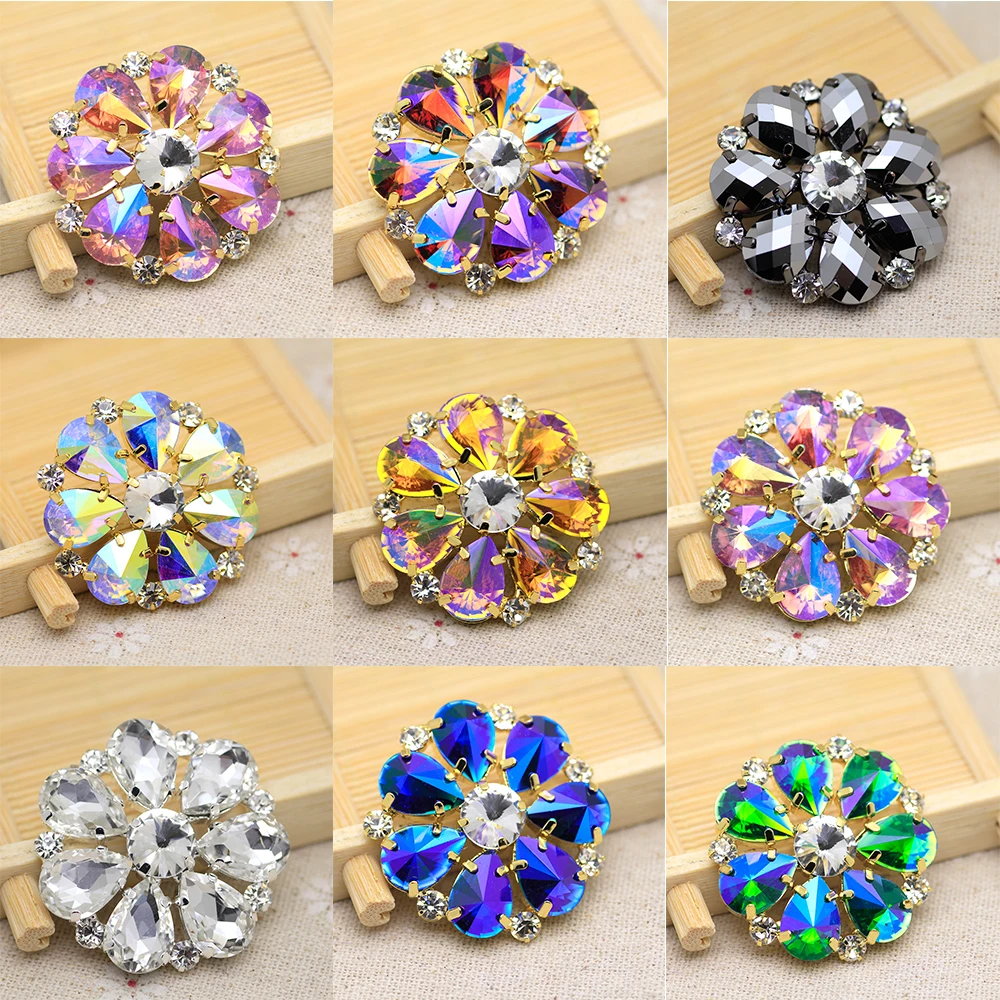 

Colorful Flower Round Shape Rhinestone applique sew on rhinestones with gold base For Clothing Dress Hats shoes Decoration