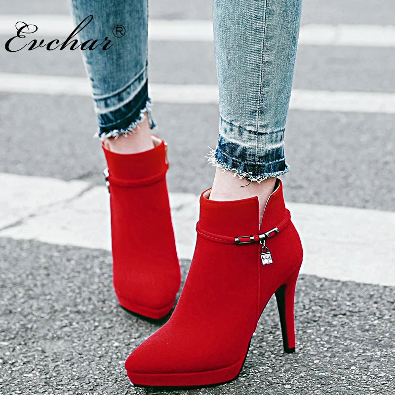 

EVCHAR NEW Autumn witer super High Heels Women Ankle riding Boots crystals Woman Short plush platform Shoes Plus Size 32-43
