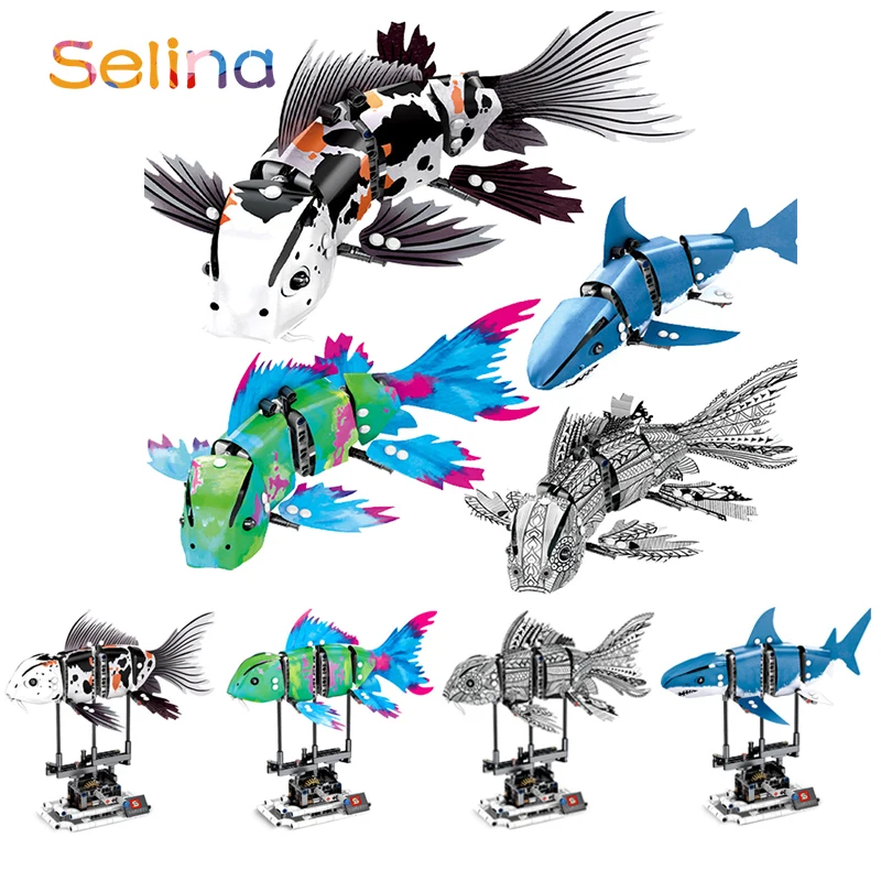 

Sea World Simulated Moving Fish Toys LegoINGlys Shark Koi Ink Koi Skin Fish Set Building Blocks Bricks Kit Toys for Children