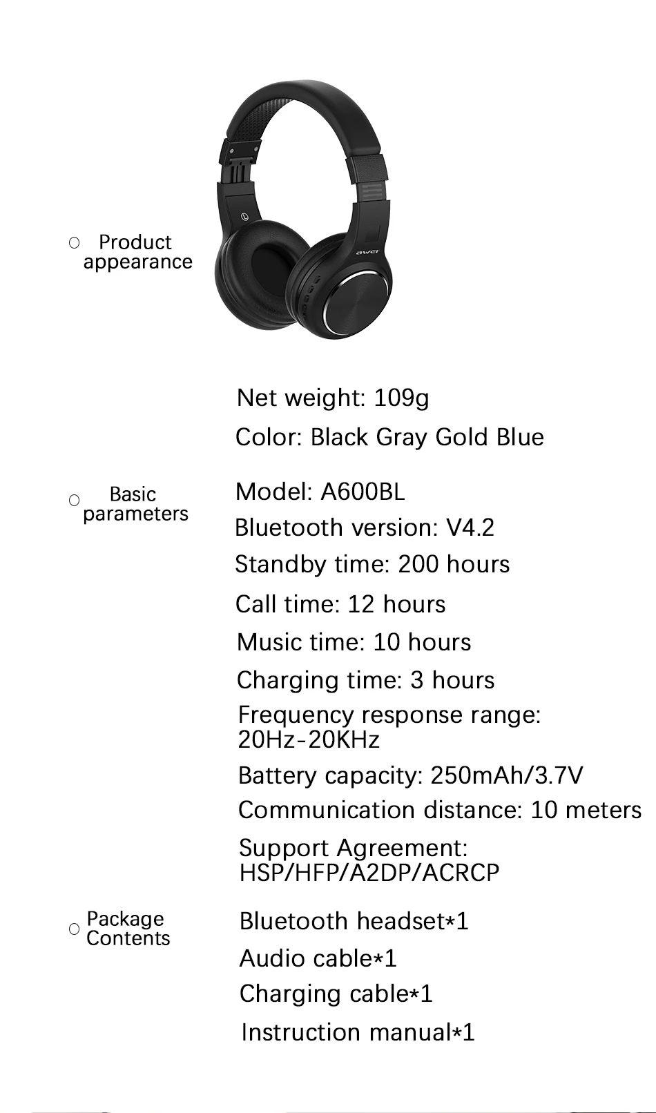 AWEI A600BL складывающиеся стерео bluetooth-наушники, Беспроводные спортивные наушники с шумоподавлением, гарнитура с микрофоном, наушники