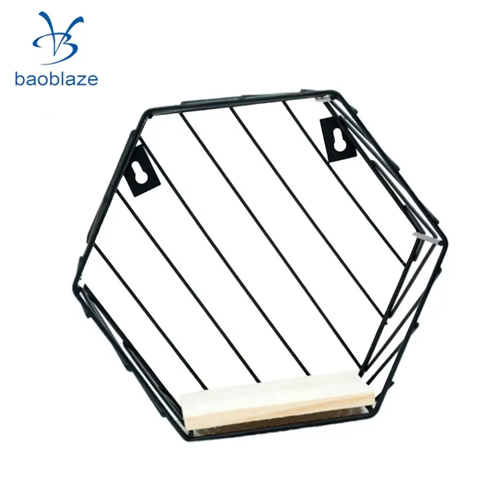Baoblaze Hexagon Iron Wooden Wall Shelf Shadow Box Display Rack Shelf Storage Unit for Home Bedroom Balcony Passway