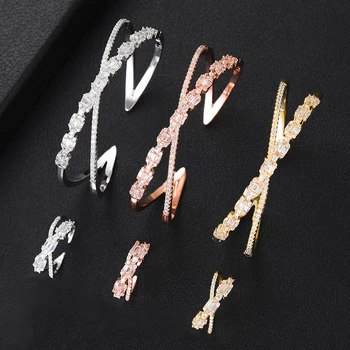 

SISCATHY Trendy Gold Rosegold Open Cubic Zirconia Bracelet and Rings For Women Dubai Jewelry Sets Wife Girlfriend Gifts
