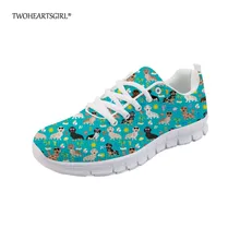Twoheartsgirl милый Синий принт такса кроссовки повседневная женская обувь на плоской подошве со шнуровкой дышащая женская сетчатая повседневная обувь Легкий