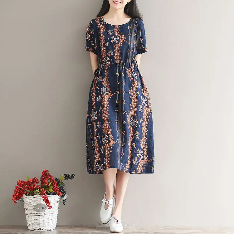 The summer folk style in the long cotton dress all match large size