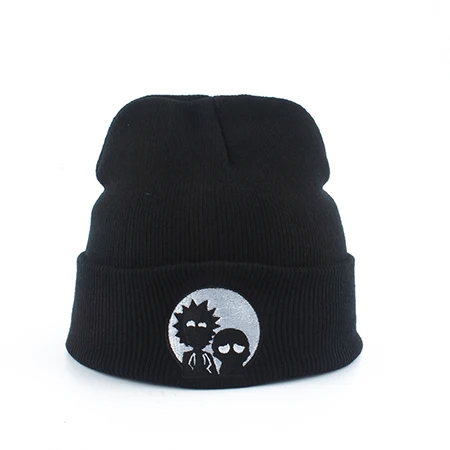 Модная уличная хип хоп шапочки мультфильм вязанная шапка с вышивкой Теплая Зимняя кепка Skullies регулируемая - Цвет: Черный