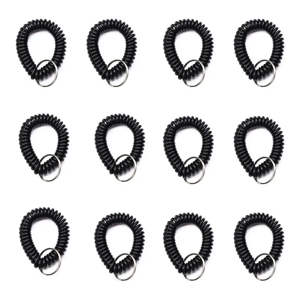 

12 Black Coolor Stretchable Plastic Bracelet Wrist Coil Wrist band Key Ring Chain Holder Tag