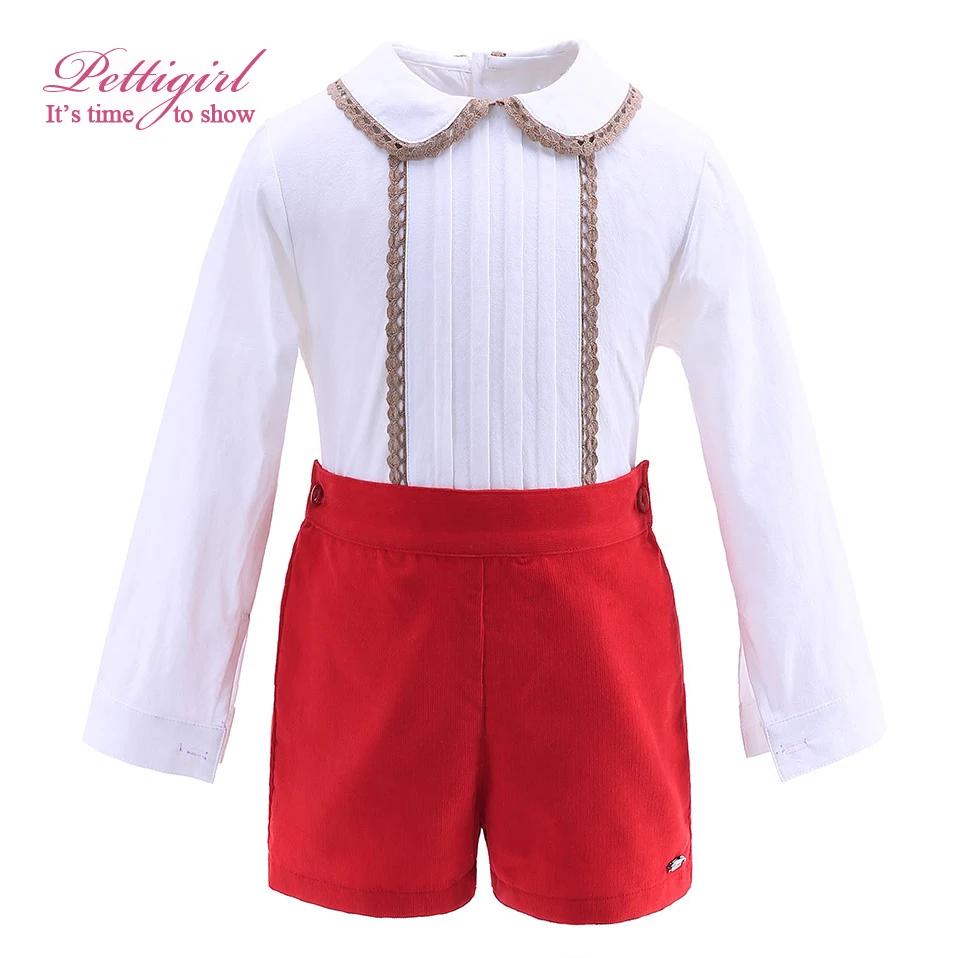 Pettigirl New Autumn Red Boy Clothing Set With Lace Hem Collar Boutique Kids Clothing Christmas