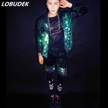 Зеленые Блестящие Блестки Мужские костюмы певица музыкальный вокальный концертный костюм для бара ночного клуба рок хип хоп певица шоу костюм