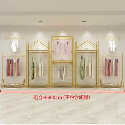 Золотая витрина для магазина женской одежды, подвесные полки для одежды от пола до пола, подвесная комбинированная полка для потолка