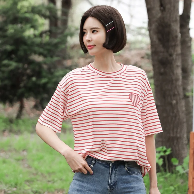 

T Shirt Women Embroidered Love Print Loose Striped Short Sleeved T-shirt Female Summer T-shirts for Women