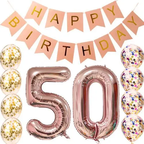 

Happy Birthday pink Banner rose Gold Number Balloons, Number 50, Perfect 50 Years Old Party SuppliesBday Printable Checklist