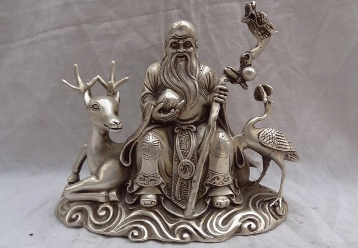 

song voge gem S4878 9" China Silver The God Of Longevity Ride Deer Crane Peach Bronze Dragon Statue