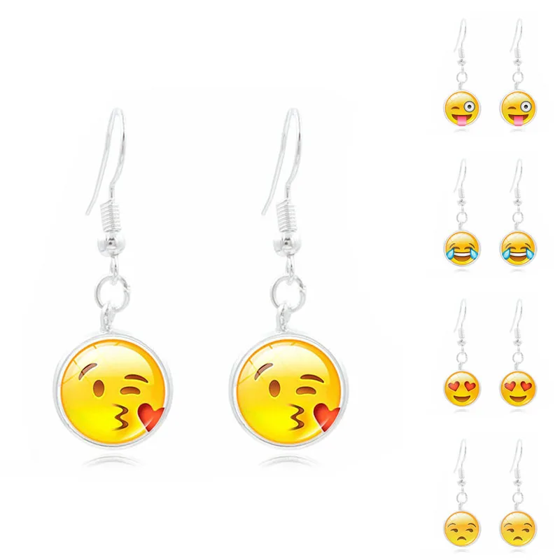 

Cute Emoji Jewelry with Silver Color Glass Cabochon Cartoon Emoji Pattern Drop Dangle Long Earring for Women Gift