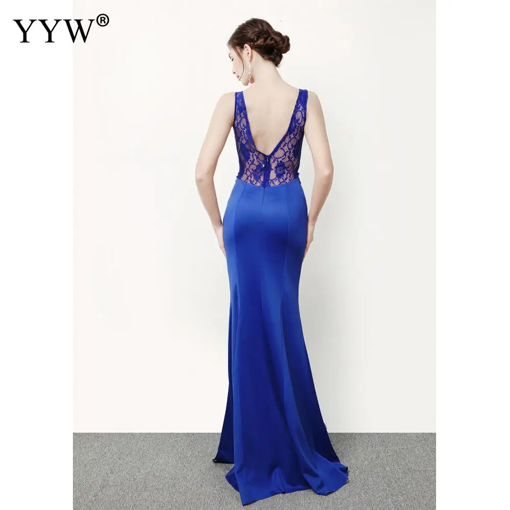 Robe De Soiree модная обувь с украшением в виде кристаллов Бисер Длинные Русалка Вечерние Платье Для женщин сексуальный v-образный вырез с низким вырезом на спине кружевное элегантное вечернее платье для выпускного бала